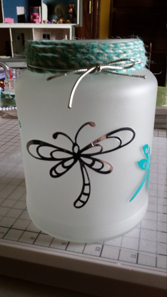 Frosted Glass Silver and Aqua Dragonfly Candle Jar