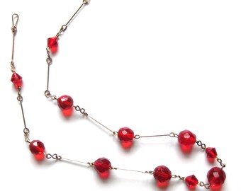 Vintage 1930s Necklace | Art Deco Necklace | Vintage Necklace | Red Necklace | Beaded Necklace | Rolled Gold Necklace | Art Deco Beads