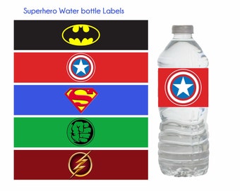 Superhero Water Bottle Labels, Superhero birthday, Superhero party, Batman, Superman, Captain America, Flash Gordon and Hulk, Digital File.