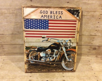 God Bless America Harley Davidson Wood Pallet Sign, 16 x 20 Harley Davidson Sign, Man Cave Decor, Birthday/Anniversary Gift, Gift for Bikers