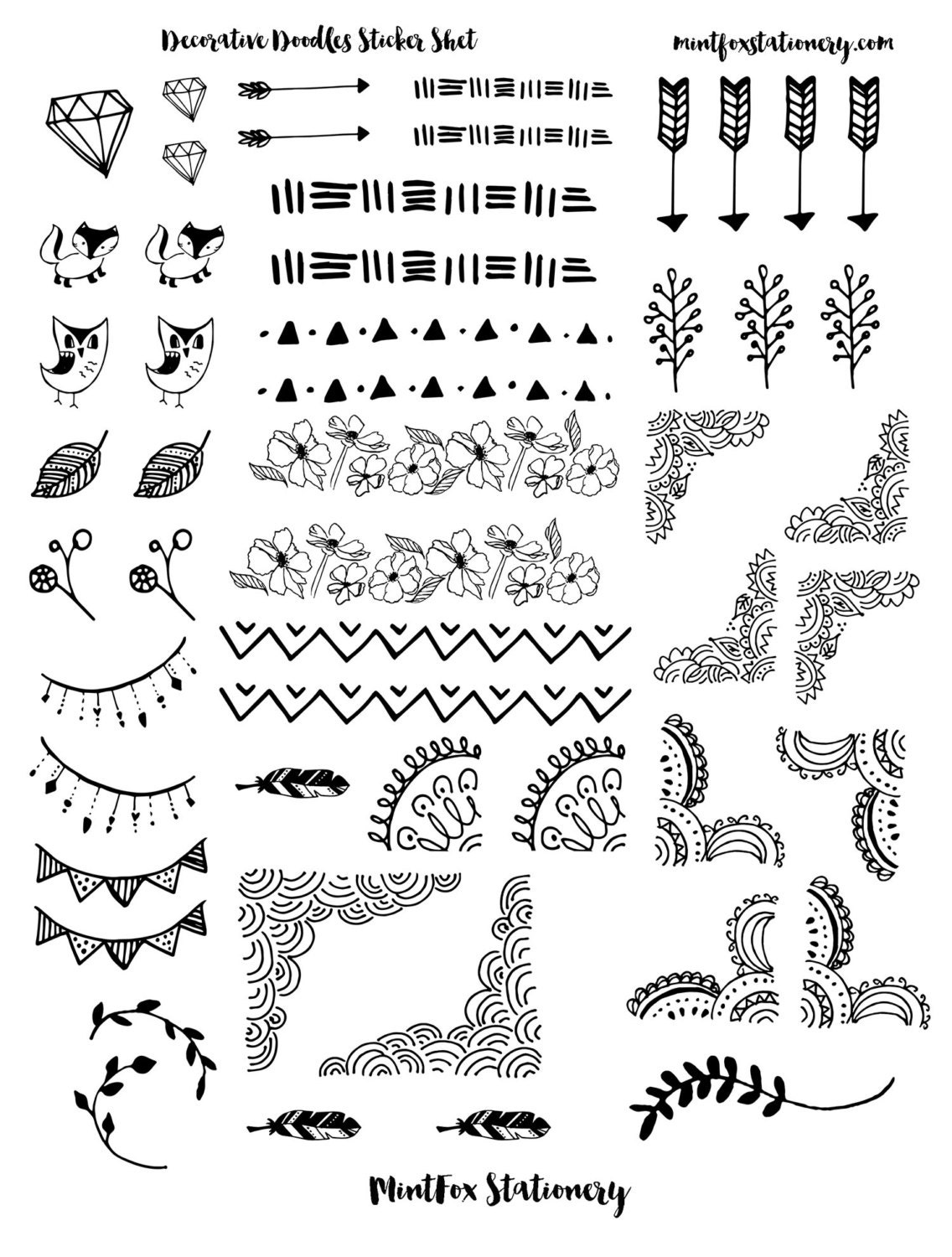Decorative Doodles Printable Sticker Sheet PDF Bullet Journal