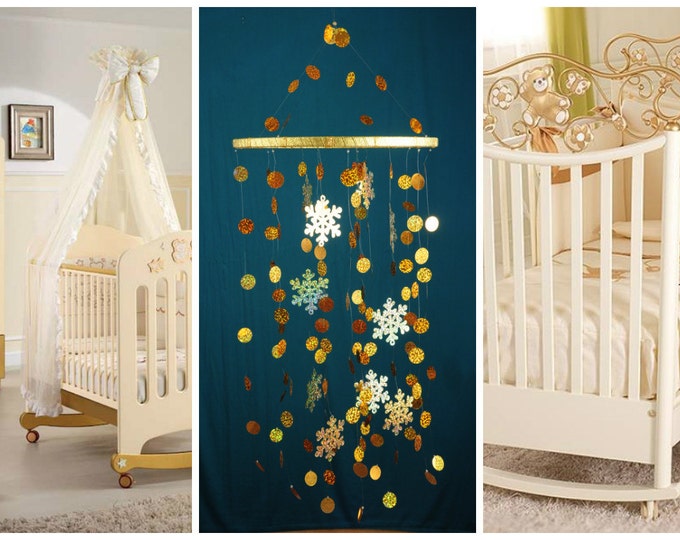 Gold snowflakes Baby Mobile handmade gold Dreamcatcher bedroom gold Baby Mobiles bedding DreamCatcher Christmas gift snowflakes gold balance