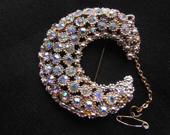1950s Rhinestone Crescent Moon Brooch Aurora Borealis