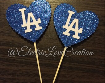 LA Dodgers Glitter Ruffled Heart Cupcake Toppers - Set of 12