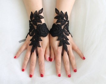 Gothic black, lace wedding gloves, costume gloves,halloween gloves, free shipping!