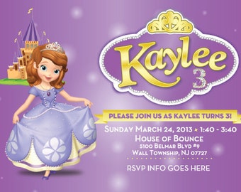 CUSTOM Customized Sophia the First 1st Birthday Invitation Invite Party Digital Printable, JPG File