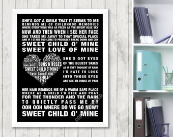 Guns N' Roses Sweet Child o' Mine Music Love Song Lyric Print Poster Canvas Word Art 2 Colours Heart Design Picture Gift Digital Download