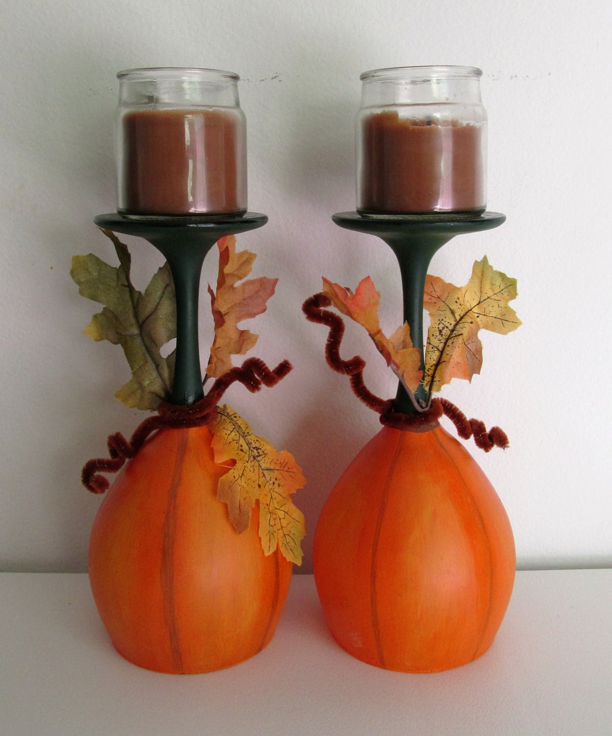 Hand-Painted Pumpkin Themed Wine Glass Candleholders set of 2