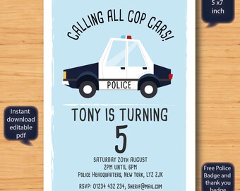 police car birthday invitation-SELF EDITABLE PDF -5 x 7inch Customisable Printable Birthday Party Invite - Instant Download