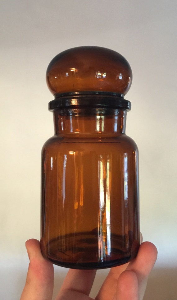 Vintage amber glass jar with lid cosmetic storage toiletry