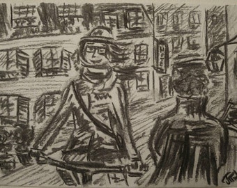 Cycling through Paris, charcoal, 14.8 x 21 cm