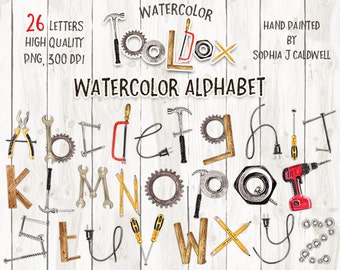Alphabet Clipart Watercolor, Tool Clipart, Name Letters, Woodworking, Printable Alphabet, Scrapbook Letters, Kids Boy Girl, Him Dad Father