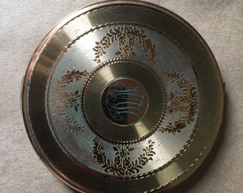 Gold-tone Metal Powder Compact Mirror with Cloth Bag 1960s Vintage Make-up