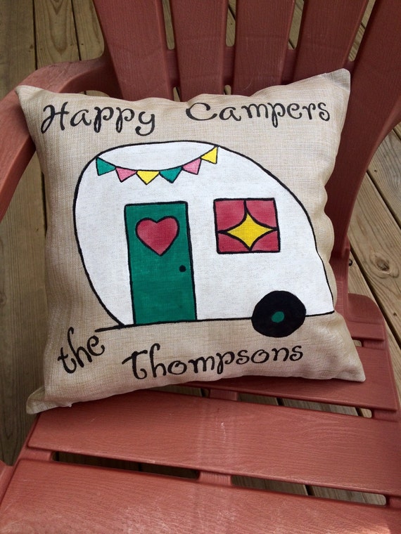 Happy Camper Pillow hand painted personalized camping decor