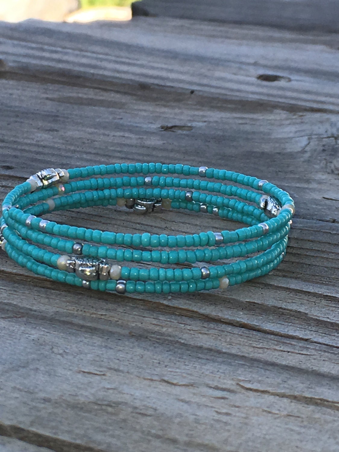 Turquoise Memory Wire Wrap Bracelet with by BeadifulBoutiqueCo