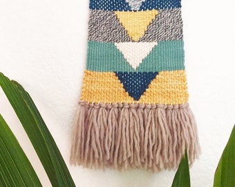 Woven Wall Hanging | yellow, blue, grey, aqua, geometric weaving, fiber art, tissage mural