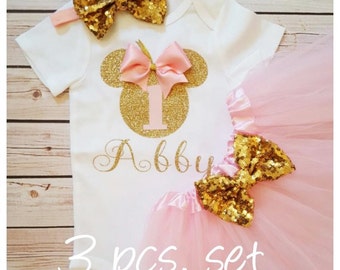 Minnie Mouse pink and gold tutu outfit,Tutu birthday outfit,Minnie Mouse birthday outfit,pink birthday tutu,pink tutu,girl birthday outfit