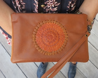 GYPSY Women Tan Leather Clutch / Suede / Hand Tooled / Brass Zipper with card holder / leather wallet / Leather Purse / Bohemian