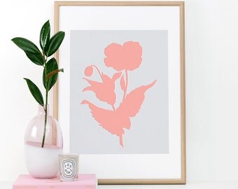 Botanical Silhouette, Printable Wall Art, Wall Art, Digital Download, Minimal art print, Flower, Pink and Grey, Screen print art