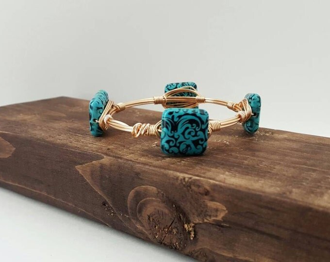 Square black and blue acrylic beads, wire wrapped bangle, bracelet, bangle, Bourbon and boweties inspired