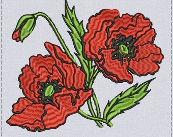 Red Poppies Machine embroidery 2 sizes design for instant download