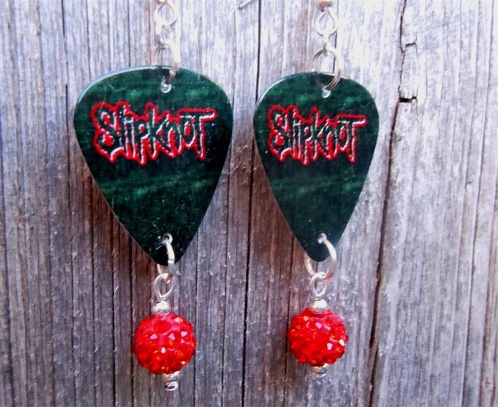 Slipknot Guitar Pick Earrings with Red Pave Beads