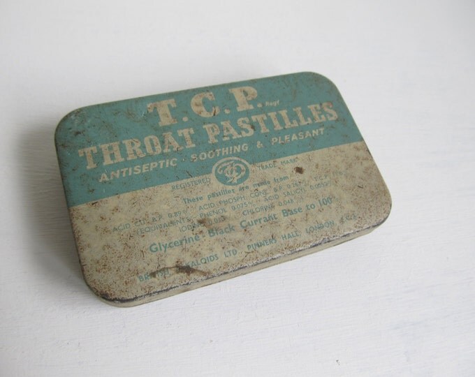 Vintage metal tin - collectable box - T.C.P. Throat Pastilles: antiseptic, soothing and pleasant. Mint Blue white tin lithographed