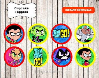 Teen Titans Go party toppers labels instant download , Teen Titans Go cupcakes toppers labels, Printable Teen Titans Go toppers