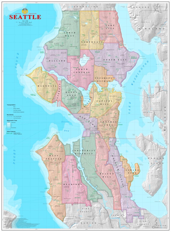 Seattle WA Seattle Neighborhoods Map Cartographic Design