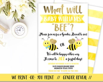 Bee Gender Reveal Invitation, What Will Baby Bee Invitation, Bee Gender Reveal Party, Bee theme Gender Reveal Invitation, Bumble Bee Invite