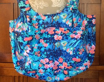 Handmade Tote Bag Sling XL Blue Print Pockets Reversible Knotted Straps 16" X 23