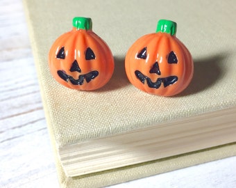 Pumpkin Stud Earrings, Halloween Earrings, Smiling Jack-o-Lantern Studs, Halloween Pumpkin Stud, Orange Pumpkin Studs, Surgical Steel (SE8)