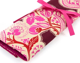 Knitting Needle Case - Flourish Cherry - IN STOCK Large Organizer 30 pink pockets for all sizes or paint brushes