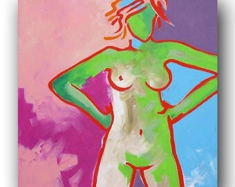 Original Abstract Nude Painting Figurative Art Female Portrait Contemporary Art Large Bold Bright Acrylic Canvas Painting Pop Art Monfort