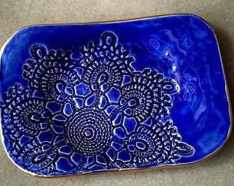 Ceramic Soap Dish Trinket Dish Cobalt Blue Lace edged in Gold