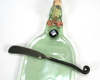 Light Green Wine Bottle Serving Tray with Dichroic Glass and Wire Wrap and Cork and Spreader - Recycled Eco-Friendly