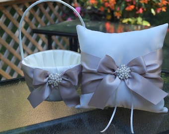 White or Ivory Flower Girl Basket with Bow and Ring Bearer Pillow with Bow - Pearl and Rhinestone Embellishment-Age 4-7