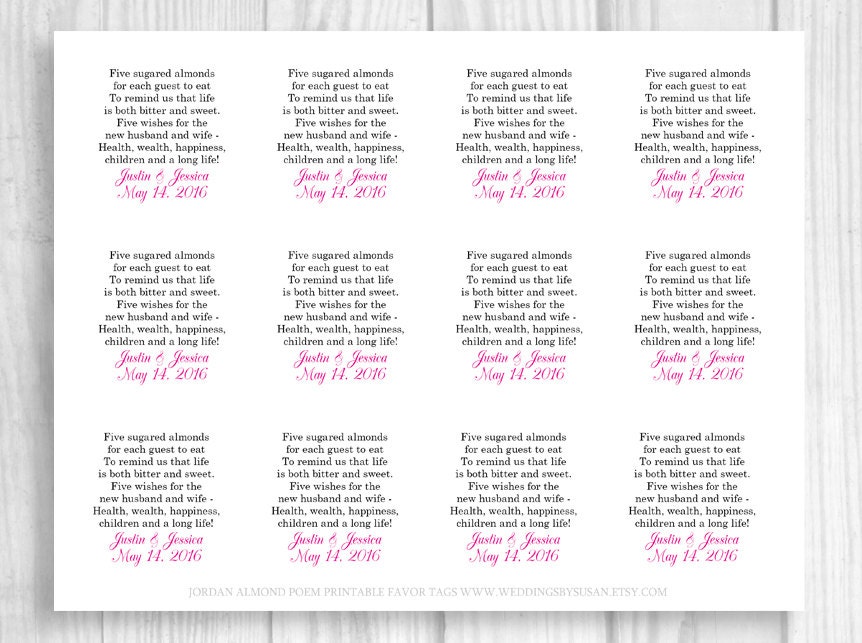 Printable Sheet of 12 Personalized Jordan Almond Poem Wedding