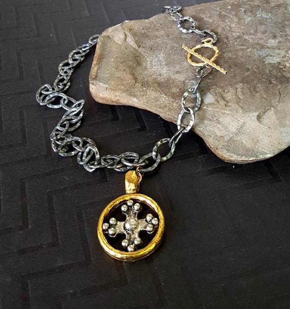 Old World Coptic Cross Necklace, Sterling Silver Gold Filled Necklace, Antique Silver Gold Medieval Coptic Cross Pendant, Statement Necklace