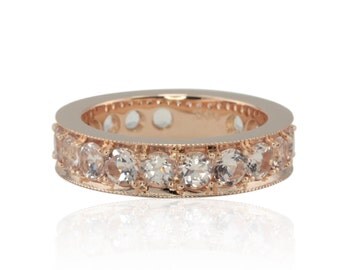 Morganite Wedding Band - Rose Gold Morganite Ring with Faux Channel Setting, Milgrain Edges and Almost Full Eternity Design - LS4510