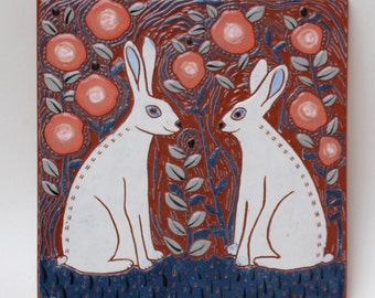 white rabbit meetup hand carved ceramic art tile