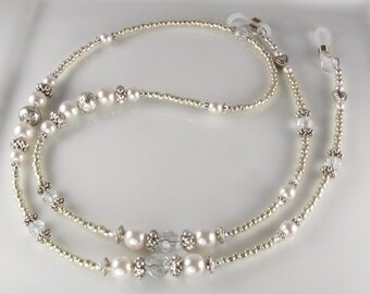 Silver & Pearl Eyeglasses Holder ANTIQUE PEARL beaded eyeglass leash