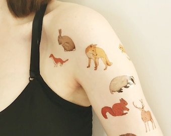 woodland animal temporary tattoos - fox , badger , rabbit , deer , hedgehog , squirrel , stoat , dormouse - fake tattoo