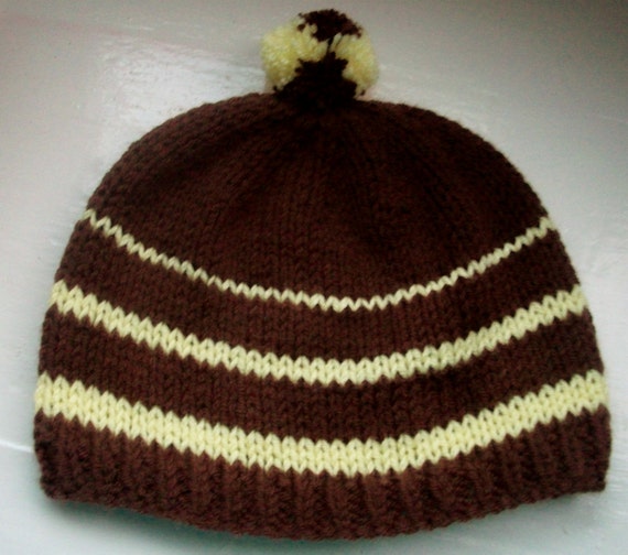Vegan beanie, pompom, chunky, chocolate brown, striped, knit hat, medium