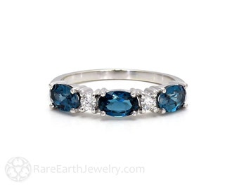 London Blue Topaz Ring East West Anniversary Band Diamond Stacking Ring 14K or 18K Gold December Birthstone Gemstone Ring