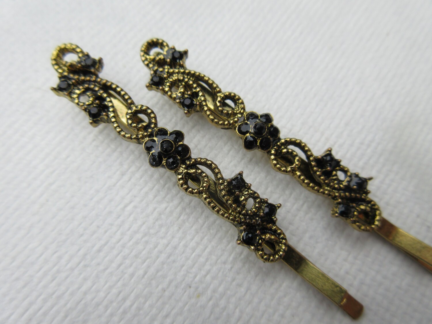 Victorian Bobby Pins Rhinestone Hair Pins Black Scroll Crystal 