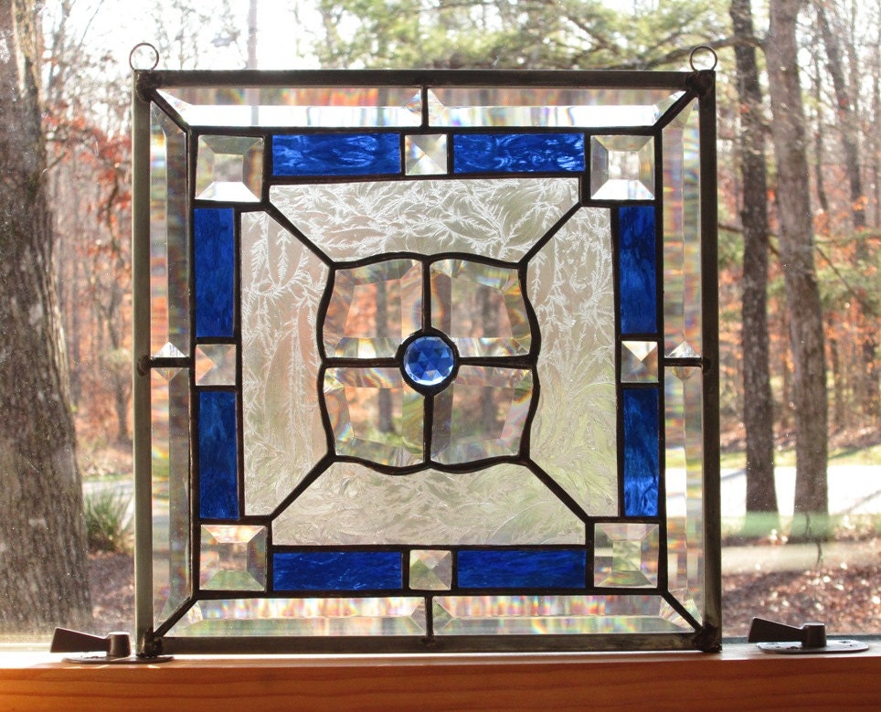 Stained Glass Square Panel in Cobalt Blue and Clear Bevels