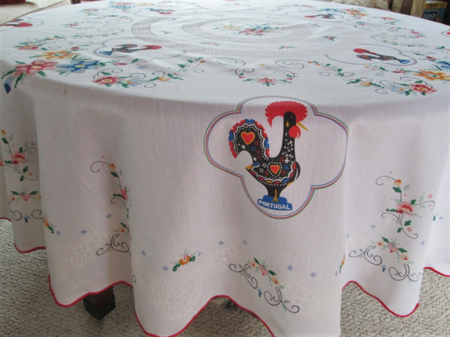 Vintage Round Tablecloth Portugal Barcelos Rooster Vintage