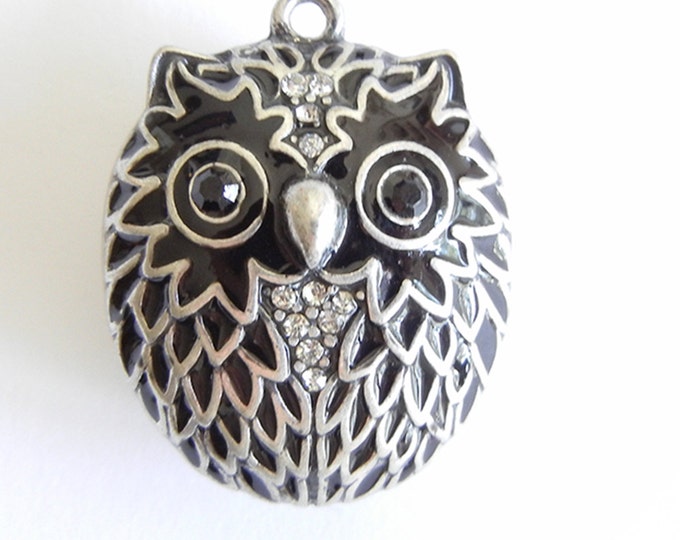 Owl Pendant Dimensional Silver-tone Black Epoxy Rhinestone