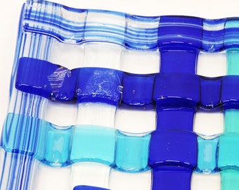 Fused glass, cobalt blue woven-look, turquoise blue, blue artglass, blue decor, blue glass, titled First Cruise